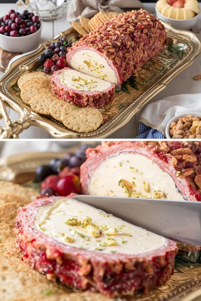 cranberry-pistachio-cheese-log-serving.png. Alt text: A two-panel image showing a platter with a finished cranberry-pistachio cheese log and a close-up of a slice being cut.
