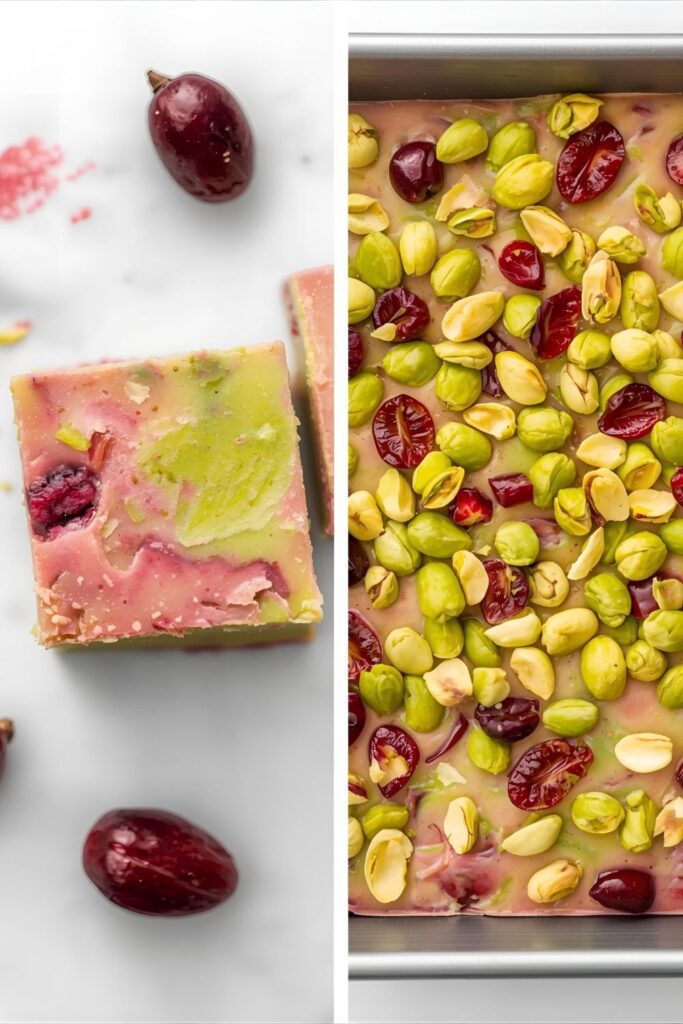 A two-part image showing a close-up of a single piece of cranberry pistachio fudge and a full pan of the finished dessert.)