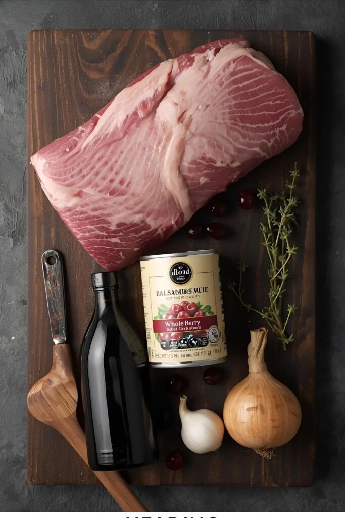 An overhead shot of the ingredients for slow cooker cranberry-balsamic pulled pork.