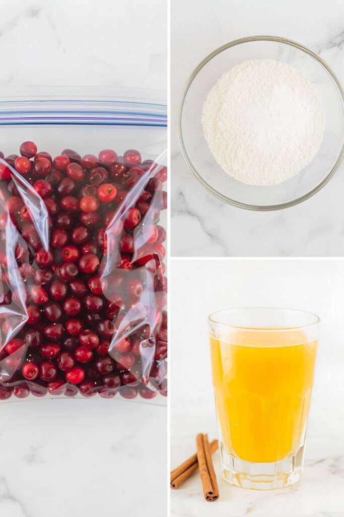 A collage of the key ingredients for the cranberry sauce recipe, including cranberries, sugar, and orange juice.