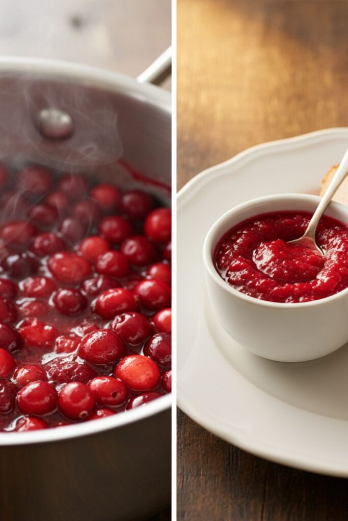 A side-by-side image showing cranberries cooking in a saucepan and the finished sauce served on a plate with turkey.