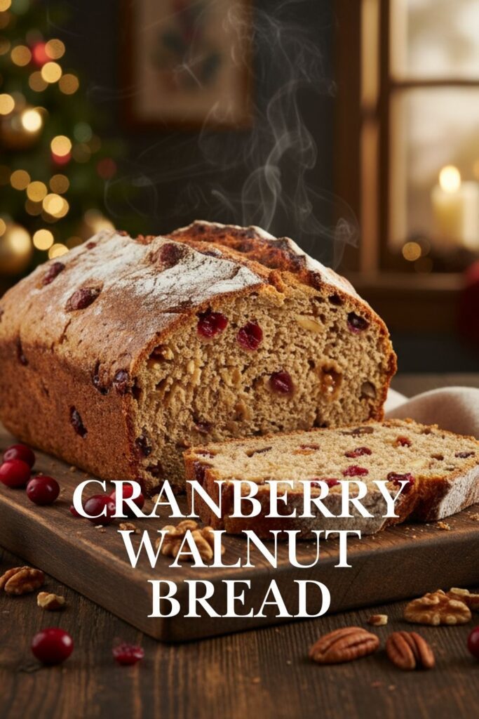 A beautiful top-down shot of a freshly baked loaf of cranberry walnut bread, with the words "Cranberry Walnut Bread" in a clean, rustic font overlaid on a wooden board.