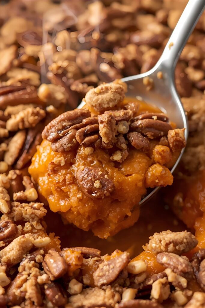 Close-up of creamy sweet potato casserole with a golden-brown pecan streusel topping.