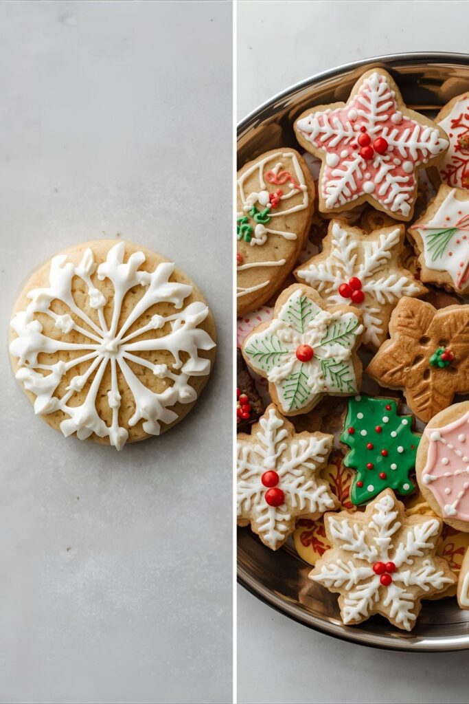 A two-part image showing a close-up of an intricate cookie design and a full platter of decorated holiday cookies.)