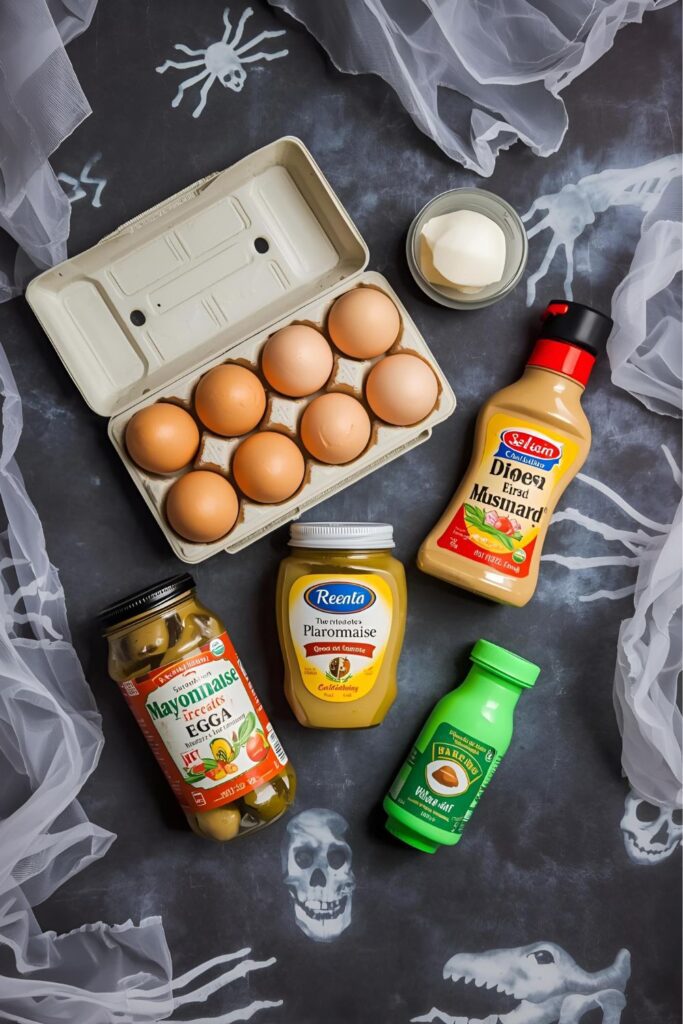 A flat-lay photo collage of the ingredients for a Halloween deviled eggs recipe.)
