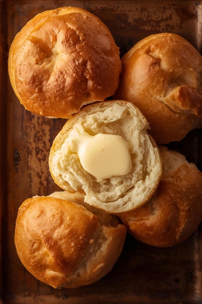 A close-up, top-down shot of a few baked dinner rolls, pulled apart to show the soft, fluffy interior, on a rustic serving platter with a pat of melting butter.