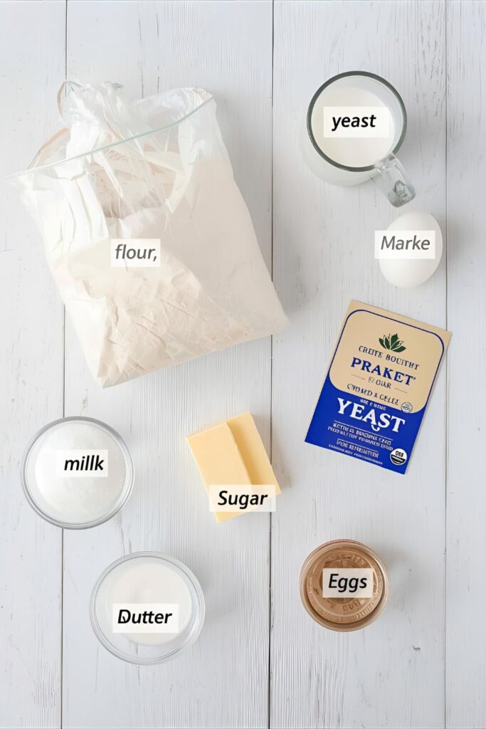 A vibrant flat lay of the main ingredients for dinner rolls: flour, yeast, milk, sugar, butter, and an egg, arranged on a kitchen counter.