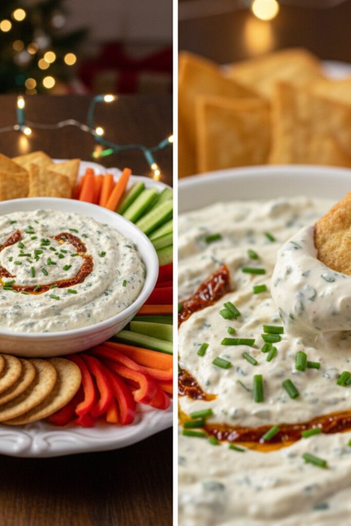 A two-panel image showing a platter of creamy feta dip with crackers and vegetables, with a close-up shot of a cracker being dipped into the bowl.
