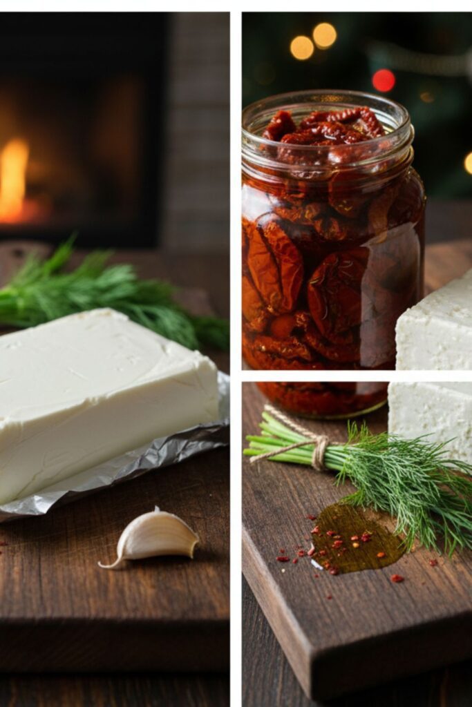 A collage of raw ingredients for an easy holiday appetizer dip, including cream cheese, feta, sun-dried tomatoes, and fresh herbs.