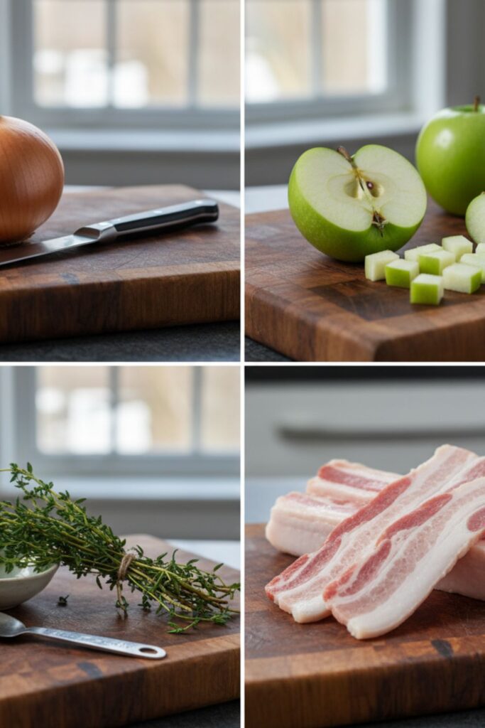 A collage of raw ingredients for a fall appetizer, including onion, apple, bacon, and thyme.