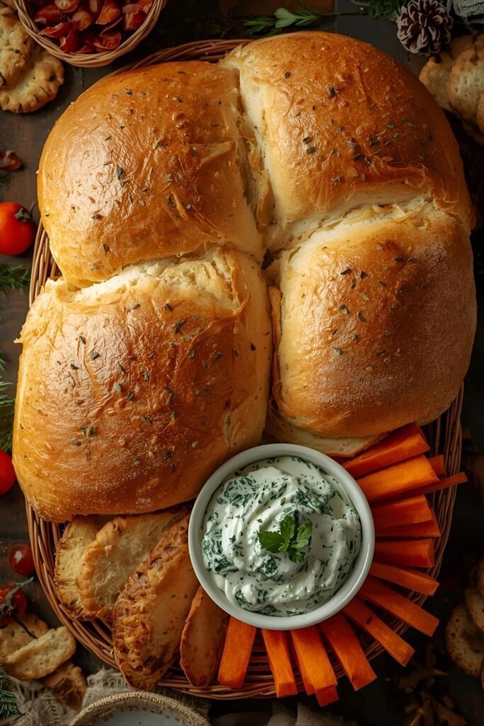 A close-up, top-down shot of a large, freshly baked, edible bread basket, showing the herby crust and filled with a creamy dip and vegetable sticks, with a festive setting.