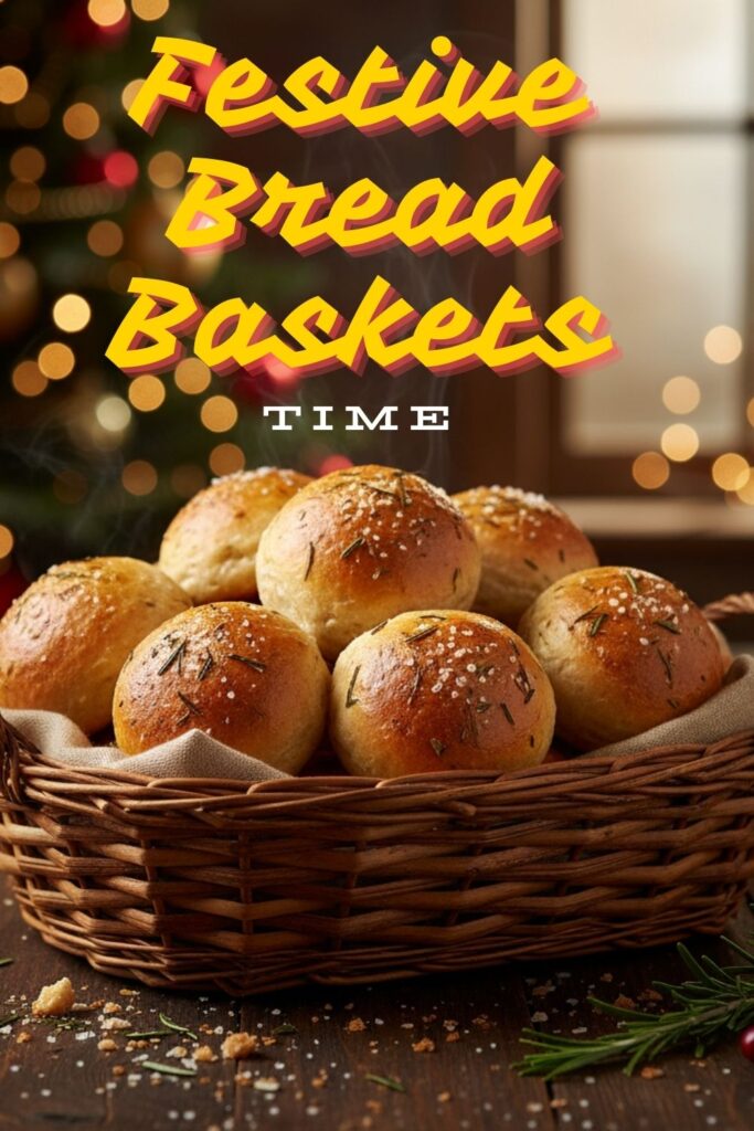 A close-up shot of an edible bread basket filled with dinner rolls, with the words "Festive Bread Baskets" in a clean, elegant font overlaid on a rustic holiday background.