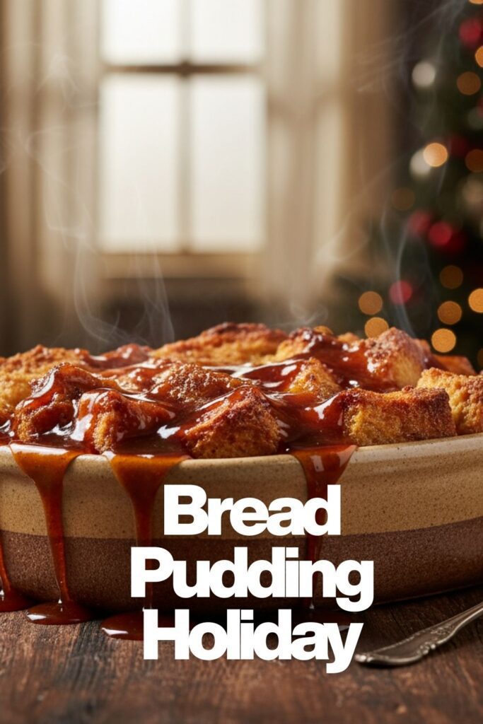A close-up shot of a baked bread pudding topped with bourbon sauce, with the words "Bread Pudding Holiday" in a bold, festive font overlaid.