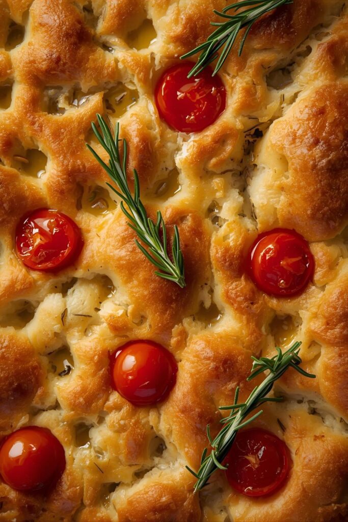 A close-up, top-down shot of a freshly baked focaccia bread, showing the deep dimples and colorful festive toppings.