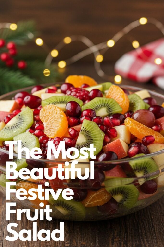 A recipe pin for a festive fruit salad showing a large glass bowl filled with colorful winter fruits.