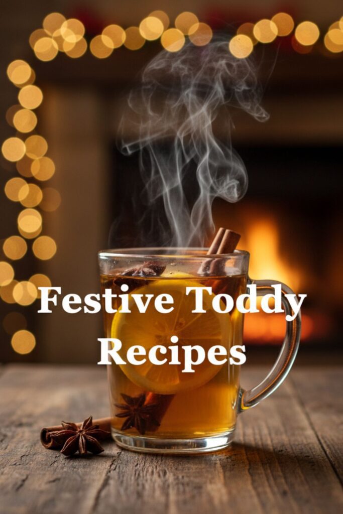 A close-up shot of a hot toddy in a glass mug with a text overlay that reads "Festive Toddy Recipes." The mug is on a wooden table, and the background is a blurred image of twinkling Christmas lights and a warm fire.