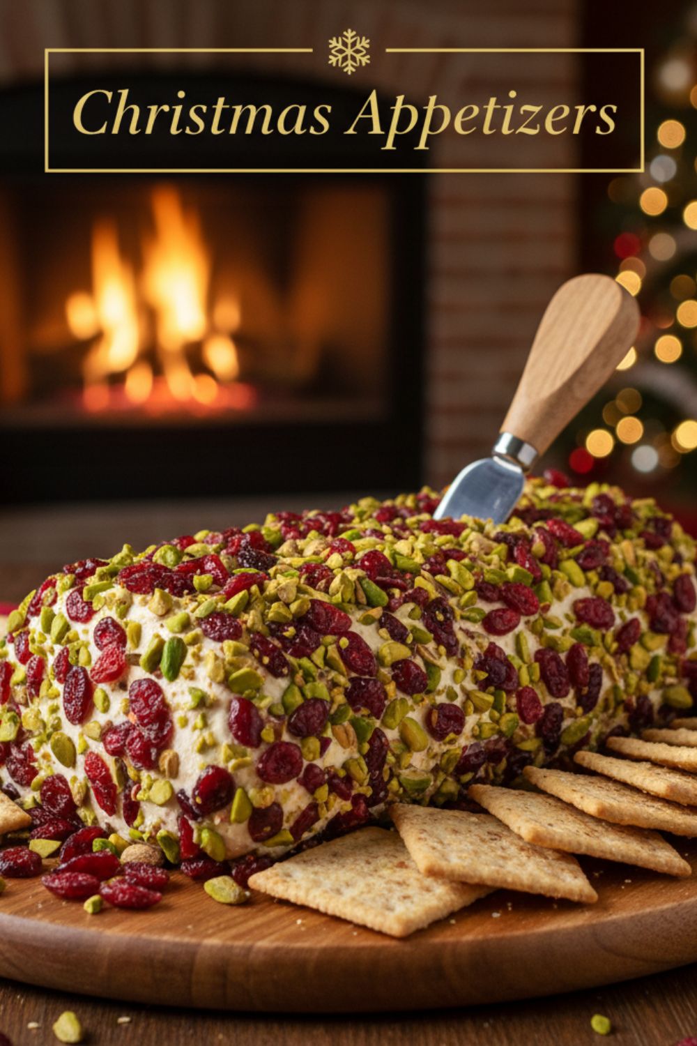 A beautiful text overlay image with the words "Christmas Appetizers" on a background of a cranberry-pistachio cheese log.