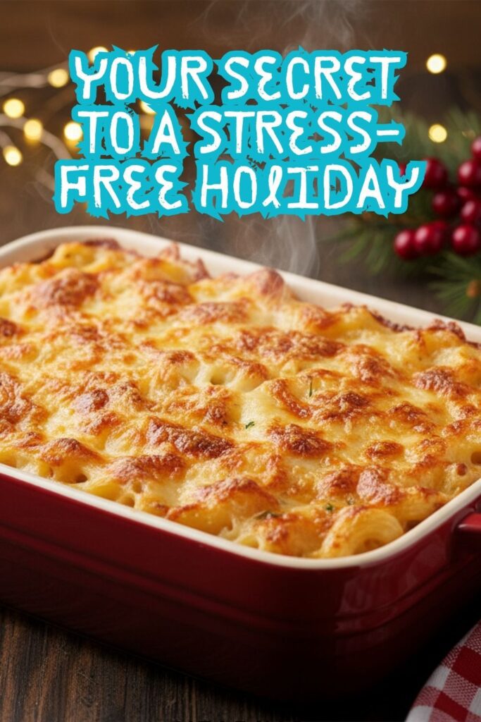 A recipe pin for freezable holiday dishes showing a freshly baked, cheesy mac and cheese.