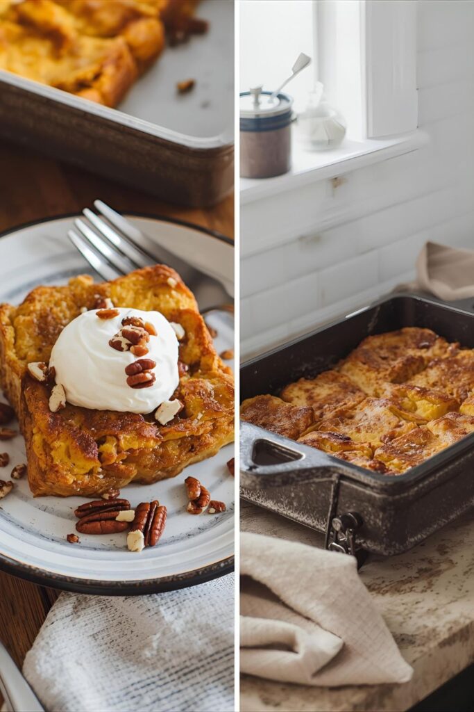 A side-by-side image showing a single serving of French toast bake and a full view of the whole baked dish.