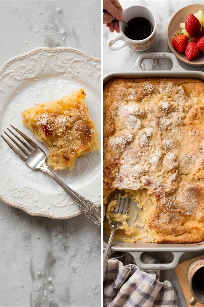 A two-part image showing a close-up of a serving of French toast casserole and a full pan of the finished breakfast.)