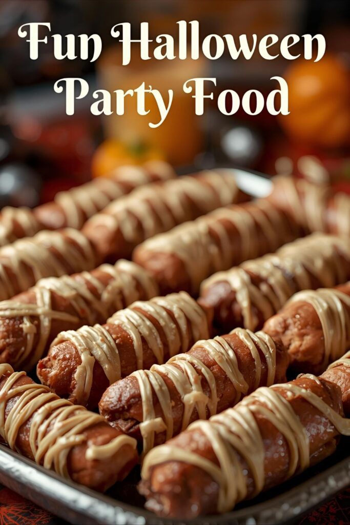 A photo of a platter of "Mummy Dogs" with a text overlay that says "Fun Halloween Party Food".)
