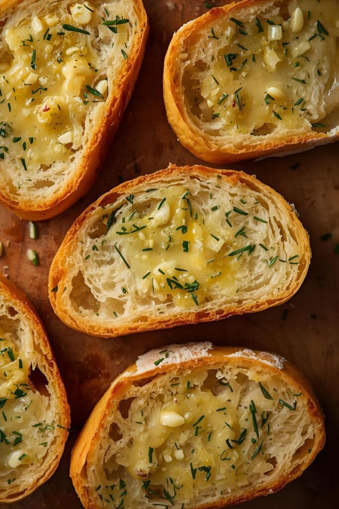 A close-up, top-down shot of several slices of golden-brown garlic bread, showing the melted butter, minced garlic, and fresh herbs, arranged on a serving board.
Prompt: A close-up, top-down shot of several slices of golden-brown garlic bread