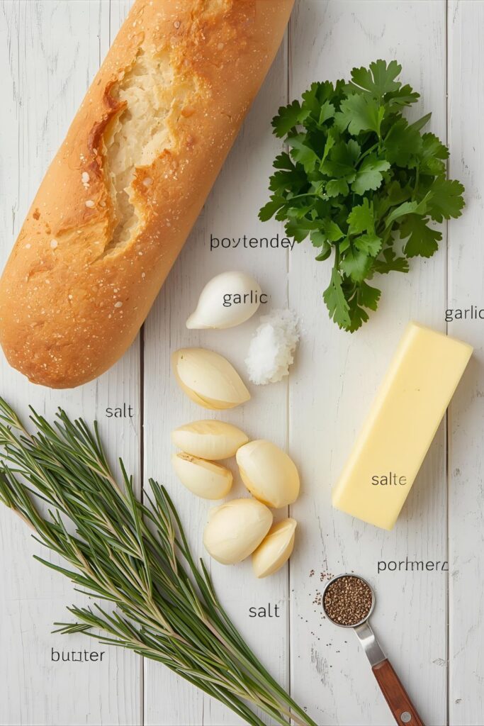 A vibrant flat lay of the main ingredients for holiday garlic bread: a loaf of artisan bread, softened butter, fresh garlic cloves, chopped parsley and rosemary, salt, and pepper, arranged on a kitchen counter.