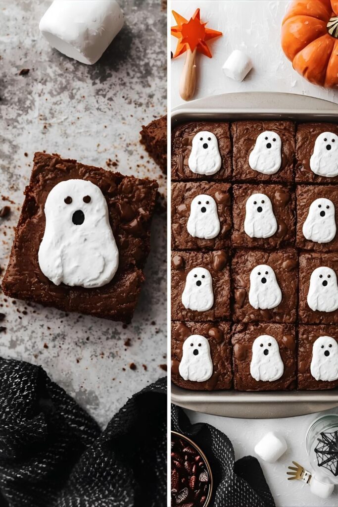  A two-part image showing a close-up of a ghost brownie and a full pan of the finished dessert.)
