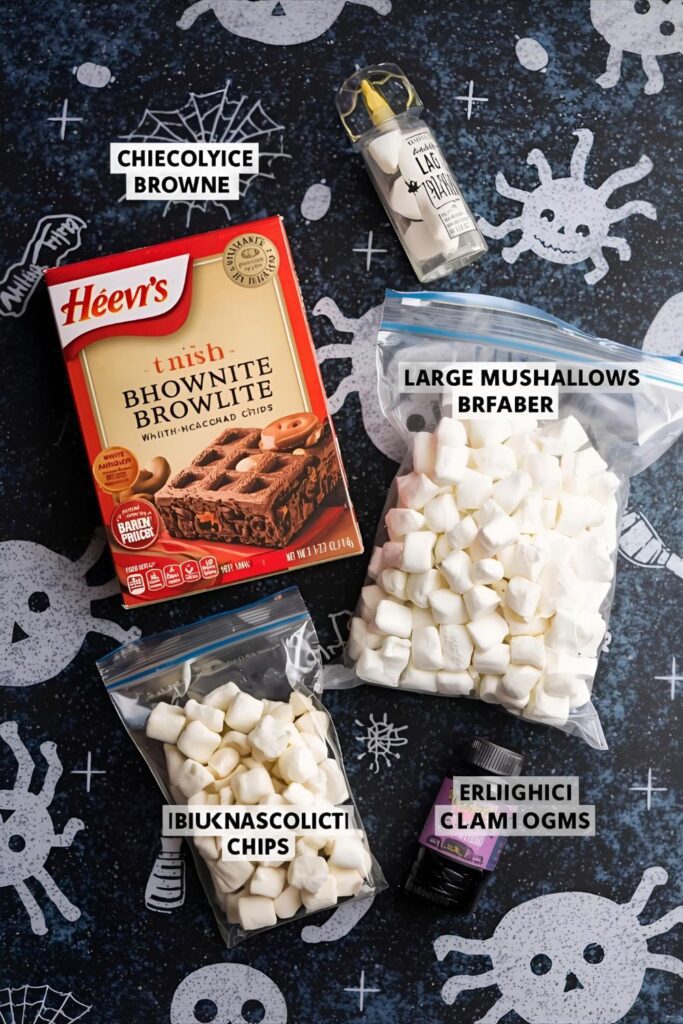 A flat-lay photo collage of the ingredients for a ghost brownies recipe.)