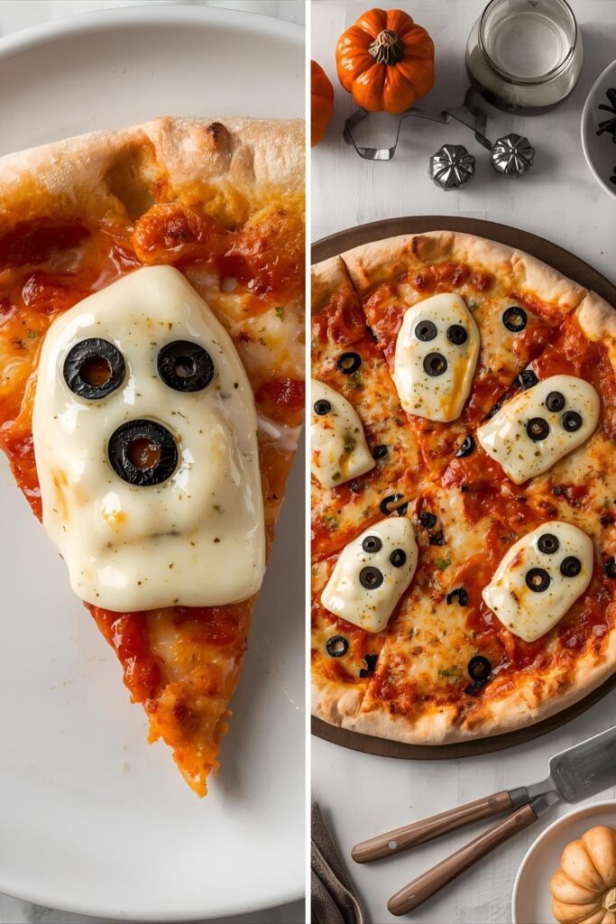 A two-part image showing a close-up of a slice of ghost pizza and a full view of the finished pizza.)
