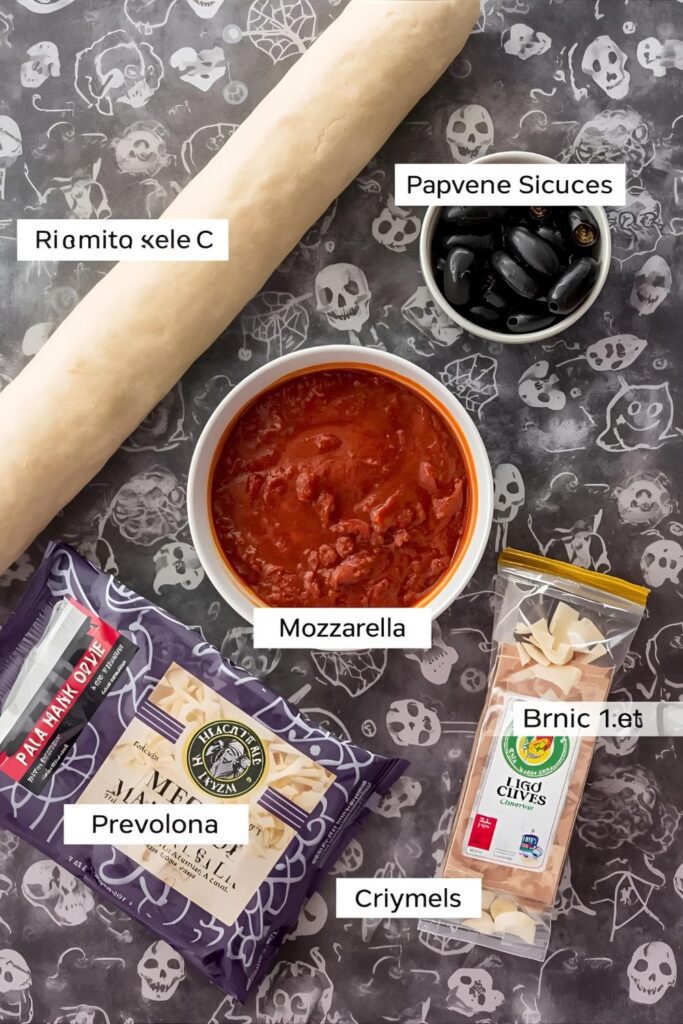  A flat-lay photo collage of the ingredients for a ghost pizza recipe.)