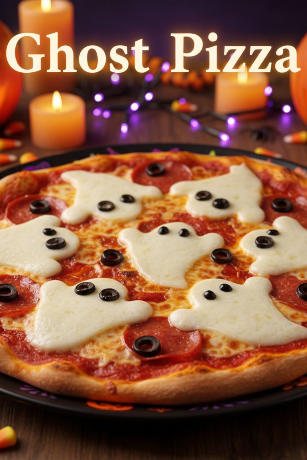 A photo of a ghost pizza on a platter with a text overlay that says "Ghost Pizza".)