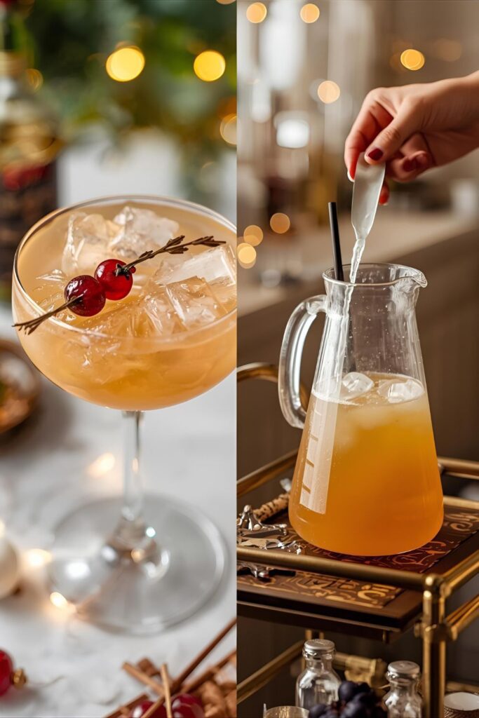 A two-part image showing a close-up of a single cocktail and a full pitcher of the pre-mixed drink.)