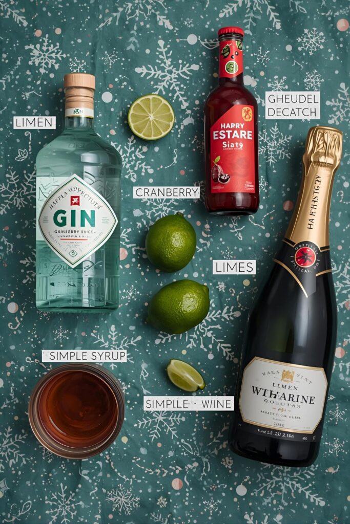 A flat-lay photo collage of the ingredients for a sparkling cranberry gin fizz.)