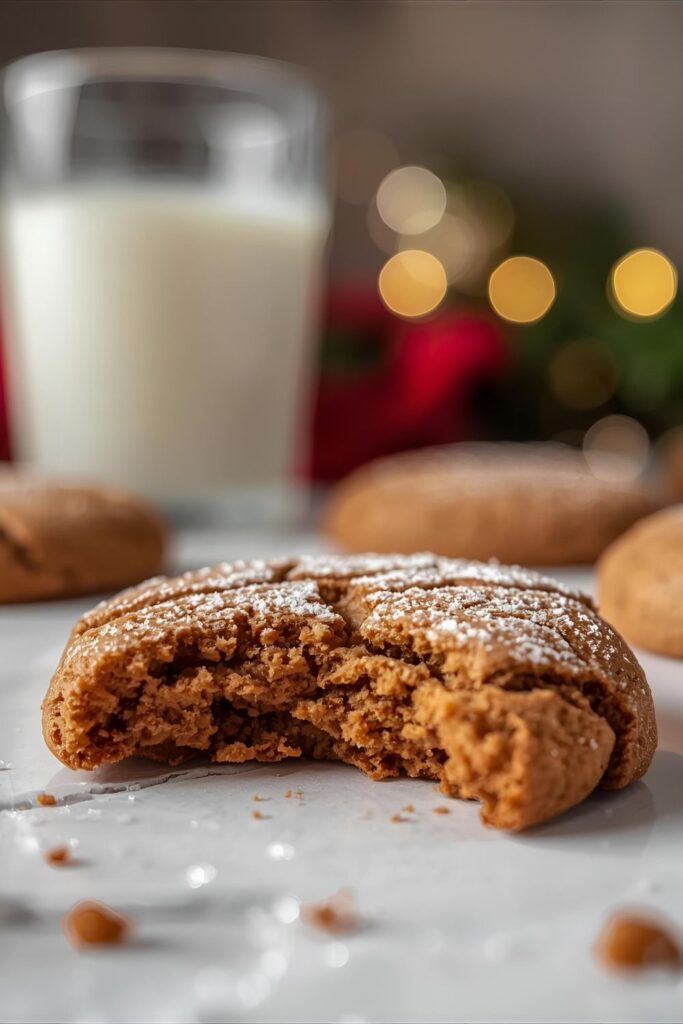  A close-up shot of a single chewy ginger cookie, showing the cracked top and sugar coating.