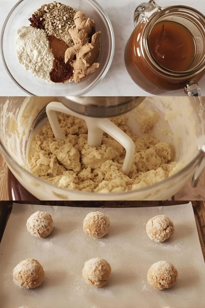 A collage showing the ingredients and steps for making ginger cookies, including the spices, molasses, and raw dough balls on a baking sheet.