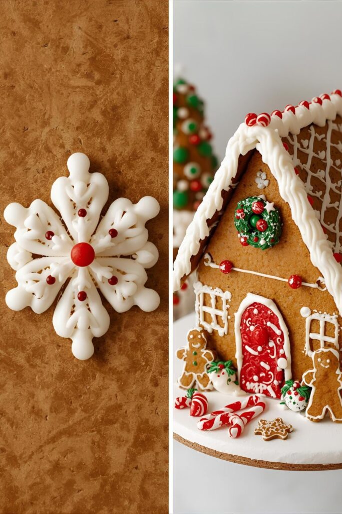  A two-part image showing a close-up of a gingerbread house decoration and a full view of the finished house.)