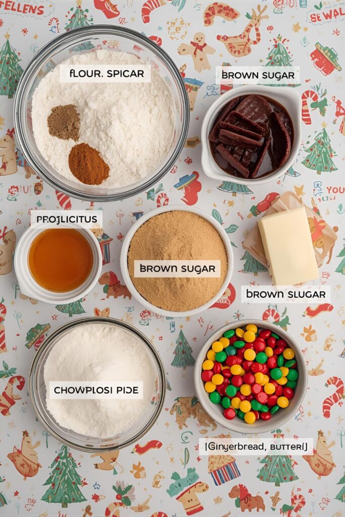A flat-lay photo collage of the ingredients for a gingerbread house.)