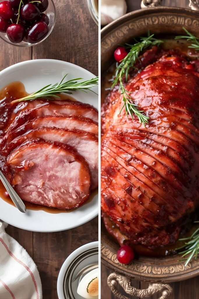 A two-part image showing a close-up of a single slice of glazed ham and a full platter of the carved ham.)