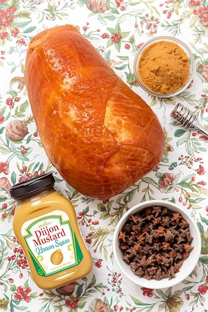 A flat-lay photo collage of the ingredients for a glazed ham recipe.)