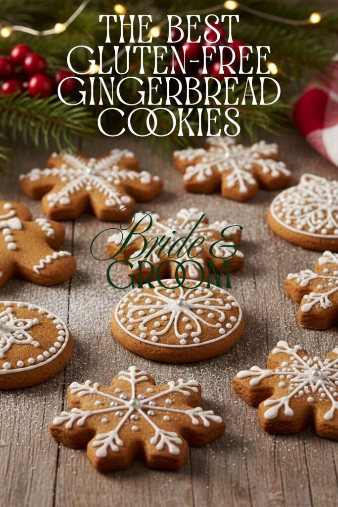 A recipe card for the best gluten-free gingerbread cookies showing several decorated gingerbread men.