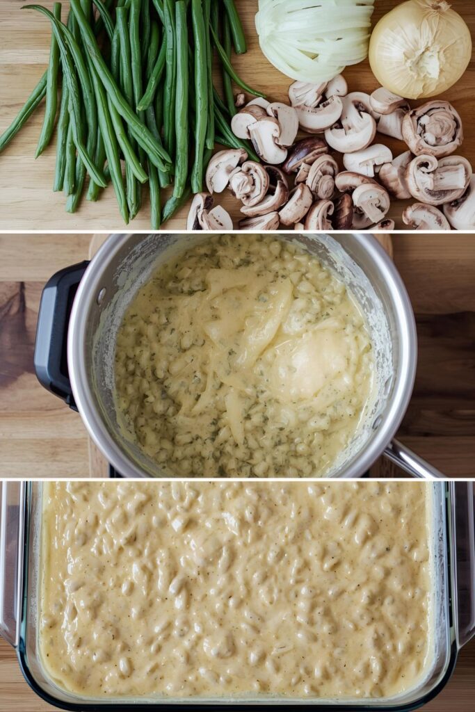 A collage of ingredients for a green bean casserole, showing fresh green beans, mushrooms, and a creamy cheese sauce.