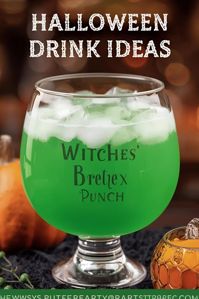 A photo of a punch bowl filled with a green "Witches' Brew Punch" with a text overlay that says "Halloween Drink Ideas".)