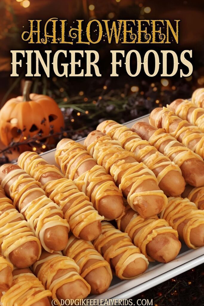 A photo of a platter of "Mummy Dogs" with a text overlay that says "Halloween Finger Foods".)