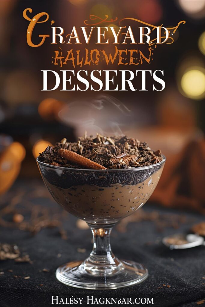 A photo of a "Graveyard Dirt Pudding" dessert in a glass with a text overlay that says "Haunted Halloween Desserts".)
