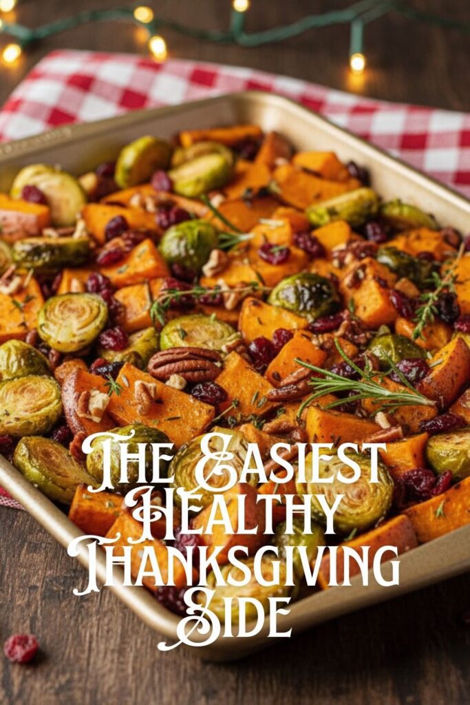 A recipe pin for healthy Thanksgiving recipes showing a sheet pan of roasted sweet potatoes and Brussels sprouts.