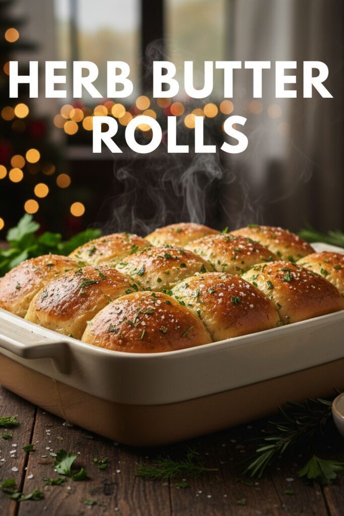 A beautiful top-down shot of a 9x13 baking dish filled with golden-brown herb butter rolls, with the words "Herb Butter Rolls" in a clean, modern font overlayed on top.
