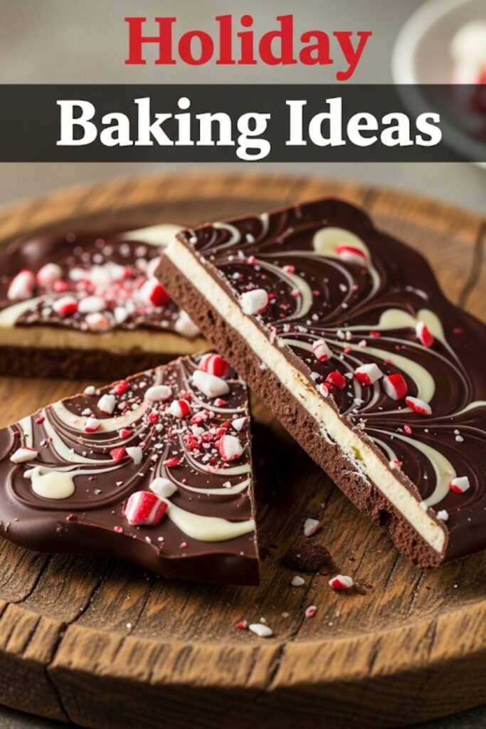 An eye-level shot of a piece of peppermint bark on a wooden platter with the words "Holiday Baking Ideas" as a text overlay.