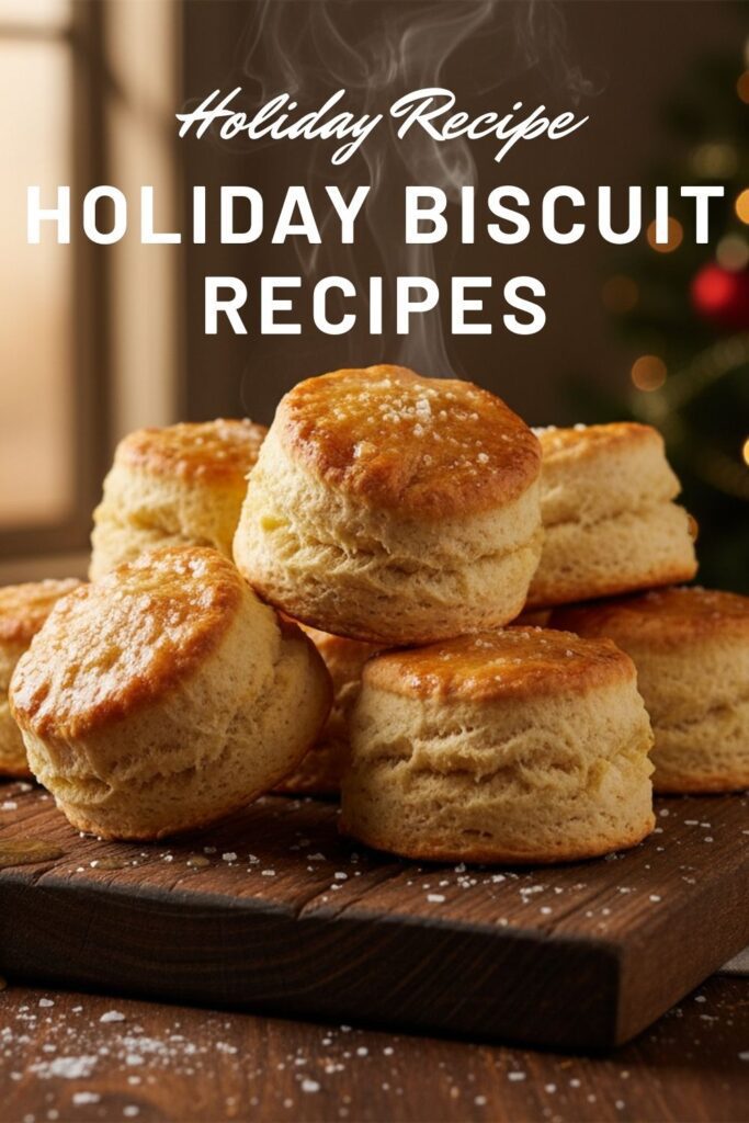 A close-up shot of a plate of tall, golden-brown biscuits, with the words "Holiday Biscuit Recipes" in a clean, modern font overlaid.