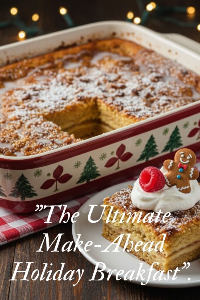 A recipe pin for holiday breakfast ideas showing a baked gingerbread French toast casserole.